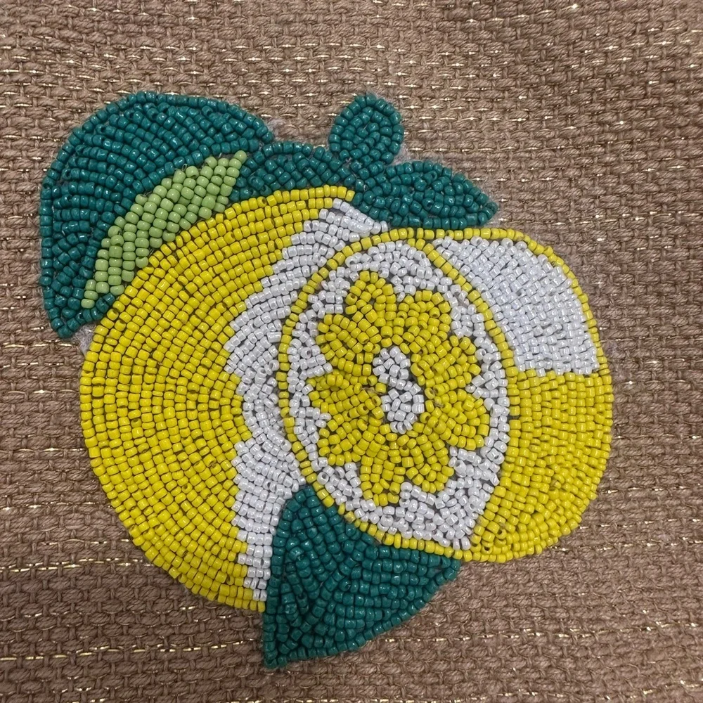 Woven Beaded Lemon Accent Tote Bag in Yellow and Tan Metallic